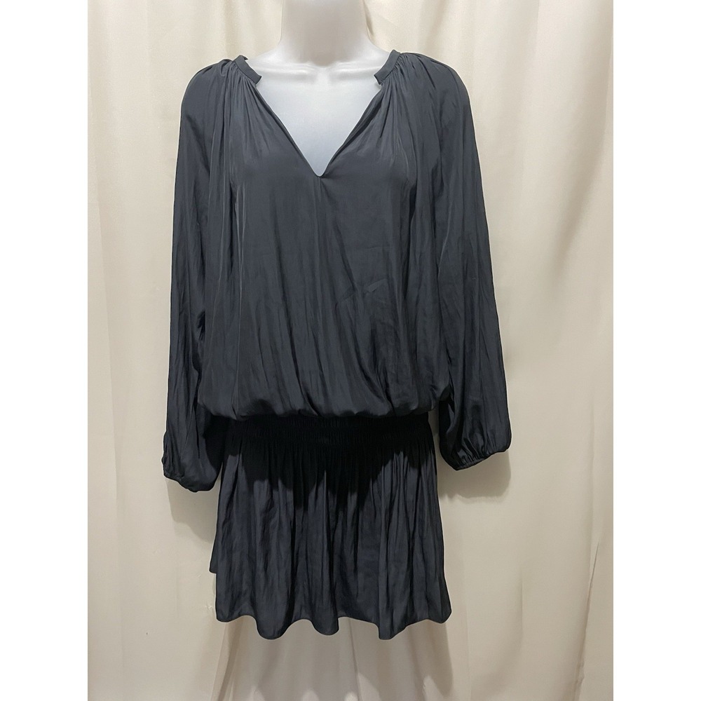 Ramy Brook Black Long Sleeve Tie Neck Paris Satin Smocked Dress S